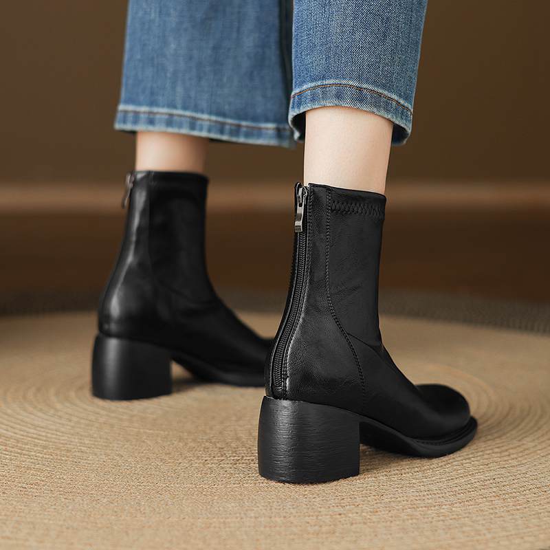 Krazing Po Microfiber Winter Round Toe Size 33 Western Boots Size 43 Zipper Thick High Heels Pleated Decoration Ankle Boots