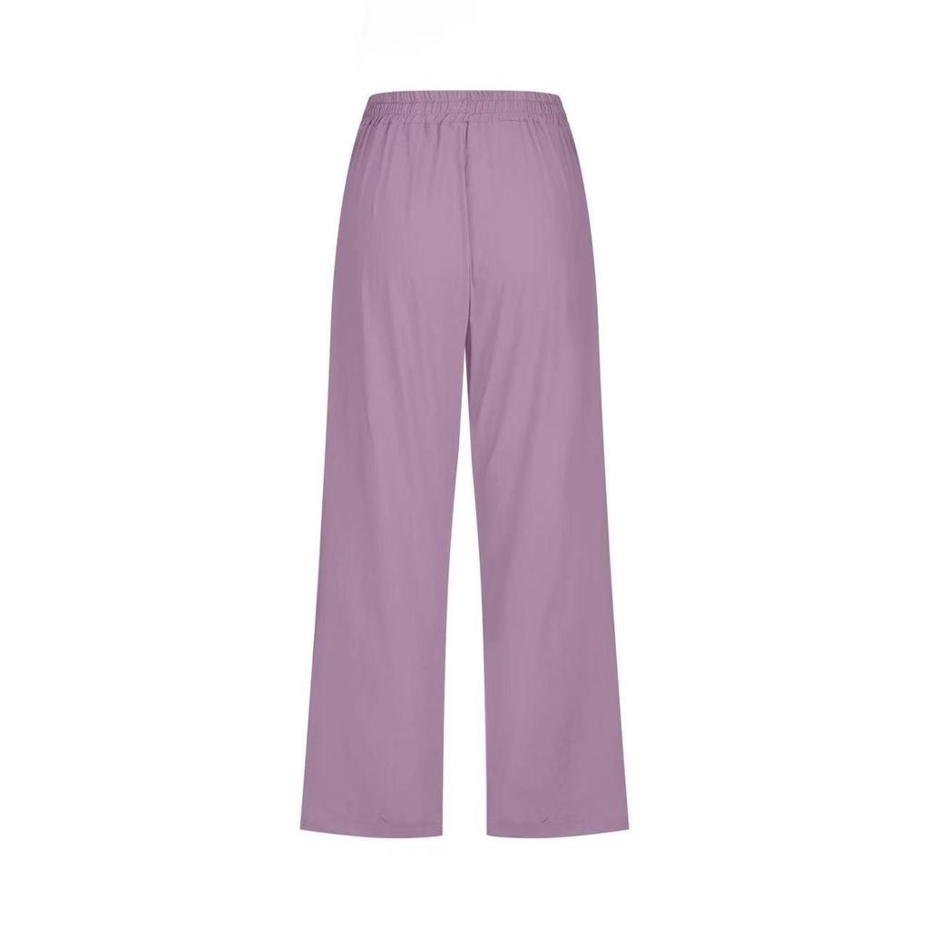 Pants For Women Casual Summer Solid Color Elastic High Waist Cotton And Linen Loose Pants Drawstring Pocket Mid Leg Pants