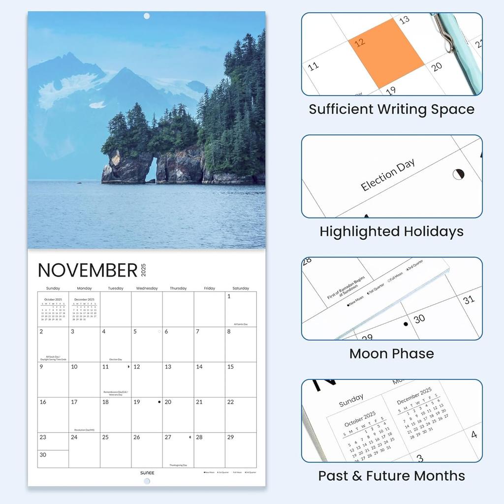 SUNEE 2026 Calendar for Wall, 2026 Large Wall calendar 12x12 Inches with 16 Months from September 2025 to December 2026, Thick Glossy Paper, 12" x