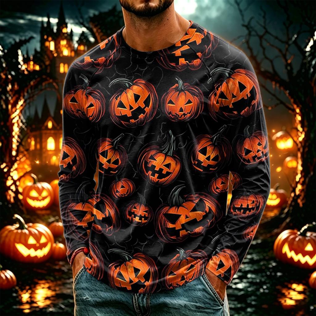 Men's Casual Halloween Print Neck Long Sleeve T-Shirt Lightweight for Daily Wear