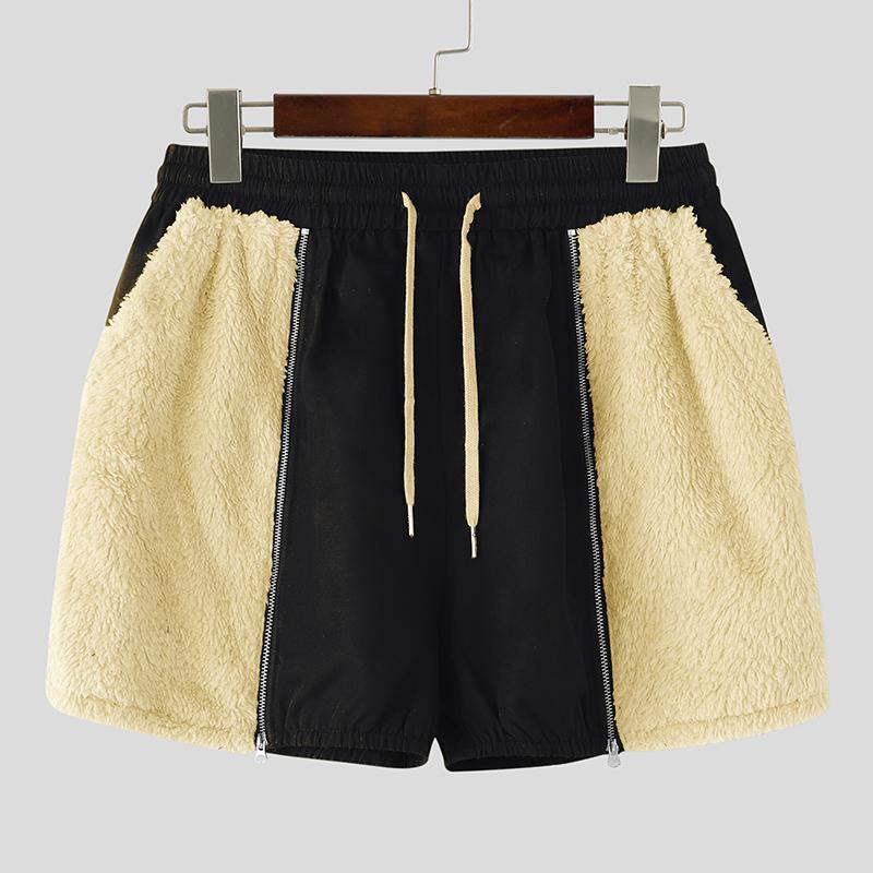 INCERUN Men Drawstring Elastic Waist Furry Patchwork Home Wear Mini Shorts