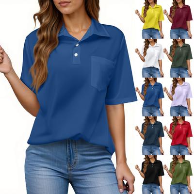 Camisa casual de moda para mujer con bolsillo de botón, manga corta, color liso, solapa, top