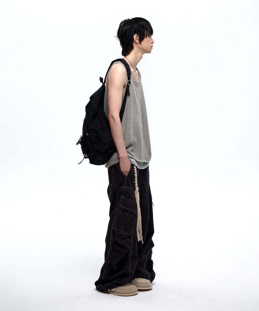 Aleseueseussi Wrinkle Mixed Stripe Cargo Pants - Black