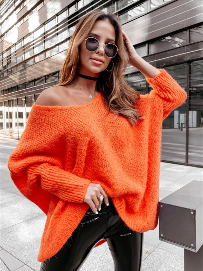 New Loose Batwing Sweater Candy Color V-Neck Off-Shoulder Knit Pullover Casual Women's Sweater