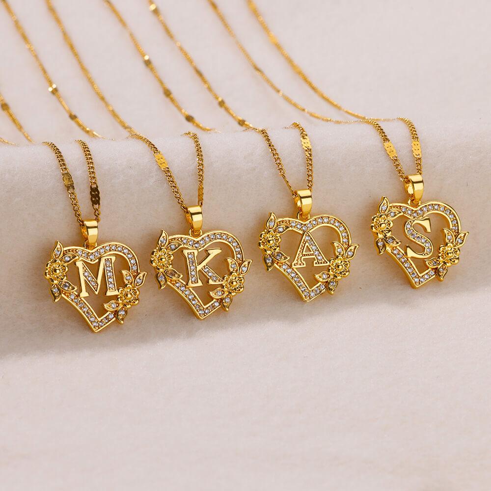 Zircon Stainless Steel Heart Flower Letter Necklaces For Women Gold Color  A-Z Letter Heart Necklace Wedding Jewelry Gift