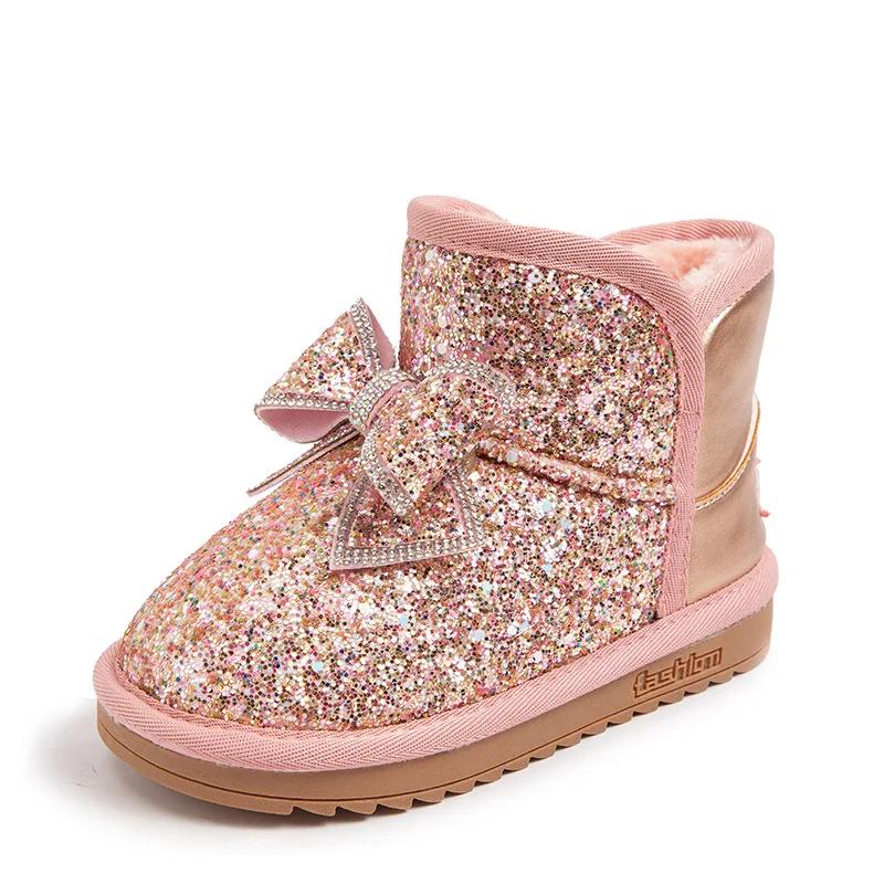 

Children Princess Boots Girls Butterfly Knot Glitter Sequin Snow Warm Shoes Thickened Velvet Shoes Soft Bottom Non-slip Boots 27 розовый