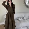 Plus Size Women's Autumn V-neck Waist-cinching Long-sleeved Slimming Dress
