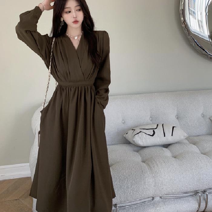 Plus Size Women's Autumn V-neck Waist-cinching Long-sleeved Slimming Dress