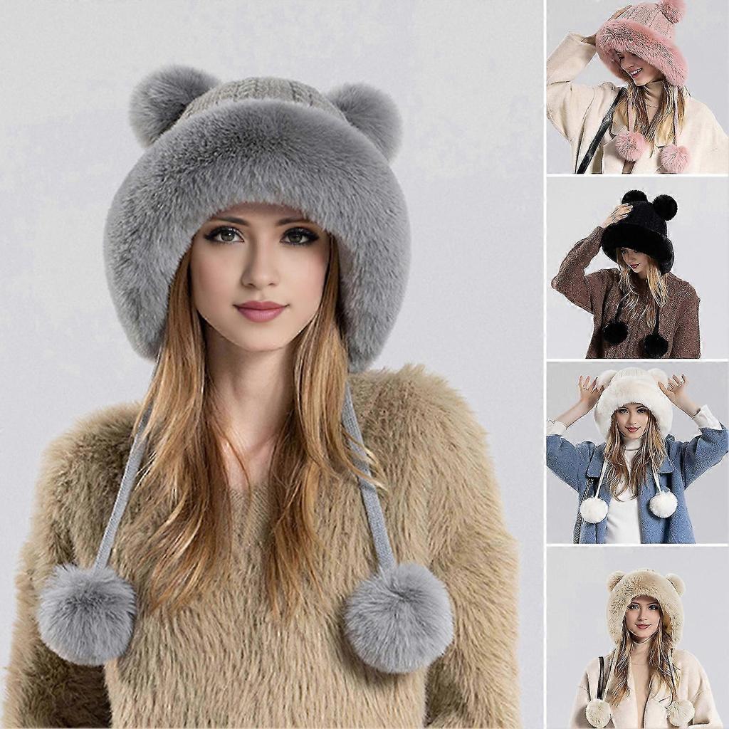 Winter Ladies Hat Fluffy Plush Thickened Heat Retention Ball Decor Ear Protection Solid Color Windproof Outdoor Camping Cycling Skiing Headwear