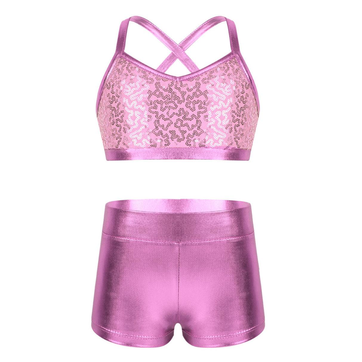 HULIJA Kinderen meisjes 2-delig gymnastiek turnpakje pailletten crop top atletische shorts balletdans tankinisets 7-8 Years roze