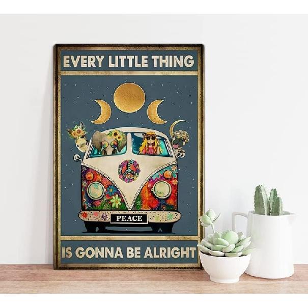Retro Hippie Decor Wall Art Poster - "Every Little Thing is Gonna Be Alright" Vintage Metal Sign, Perfect for 70s Themed Rooms and Cool Poster