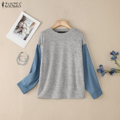 Damen Rundhals Patchwork Langarm Locker Lässig Bluse