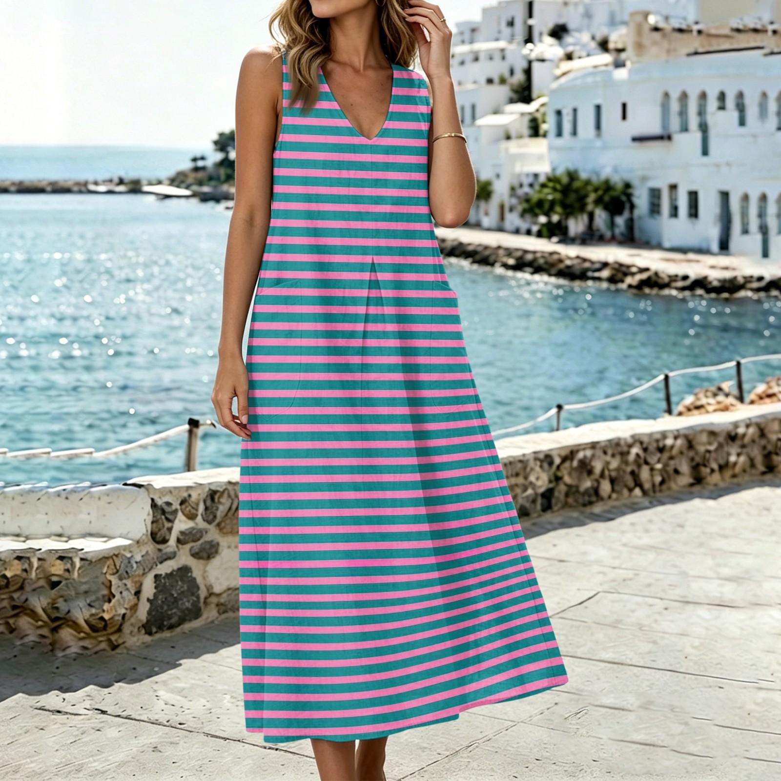 

Fashionable Women s U-neck Sleeveless Pocket Slit Vest Cotton Linen Dress M