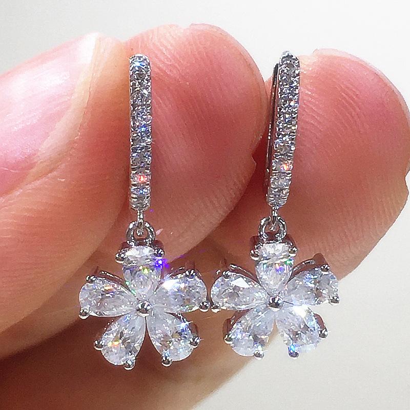Silver Pave CZ Huggie Hoop Earrings with Teardrop CZ Flower Drop Women Elegant Sparkling Floral Jewelry