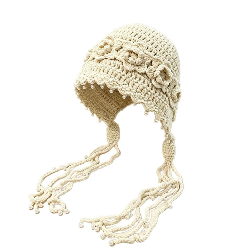 Pearl tassel three-dimensional flower knitted wool hat women's spring and summer hand-woven ethnic style pullover hat Baotou hat
