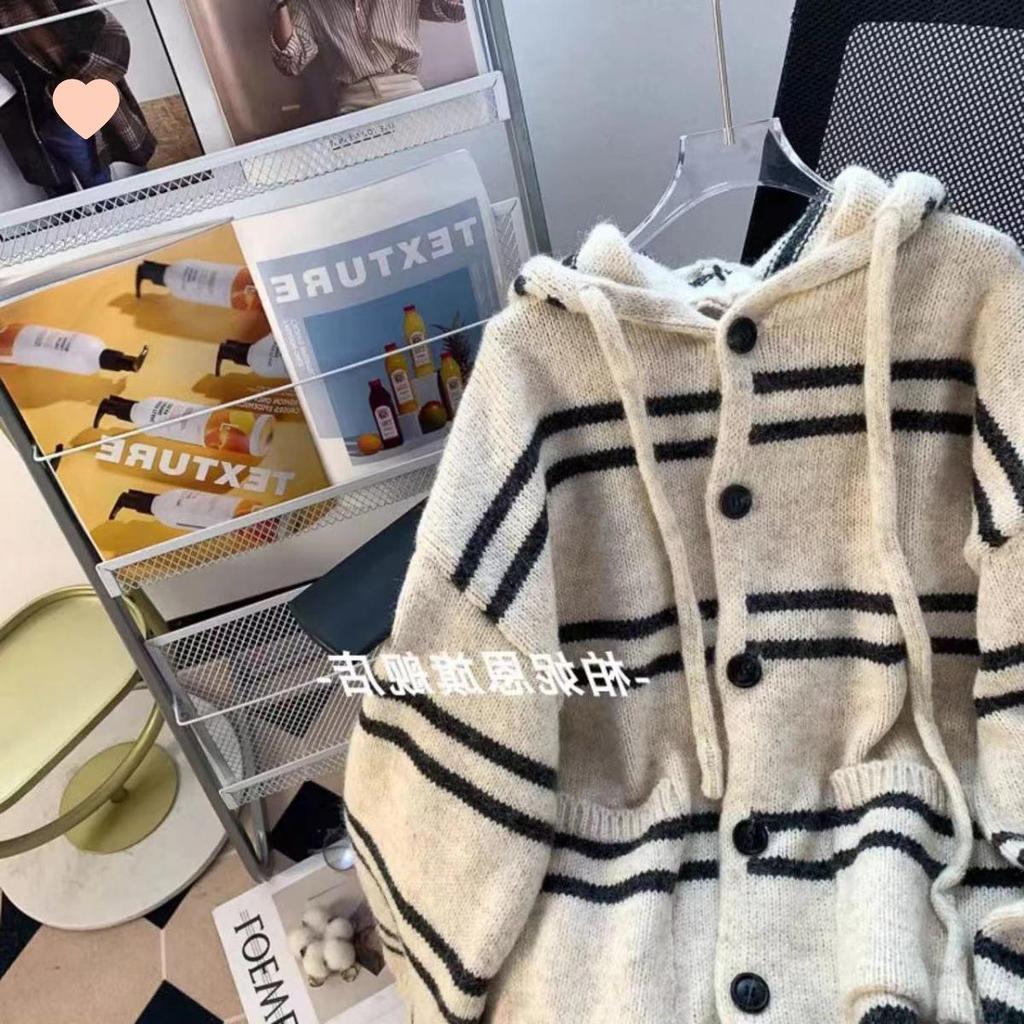Korean Striped Hooded Cardigan Sweater for Women - 2025 Autumn/Winter