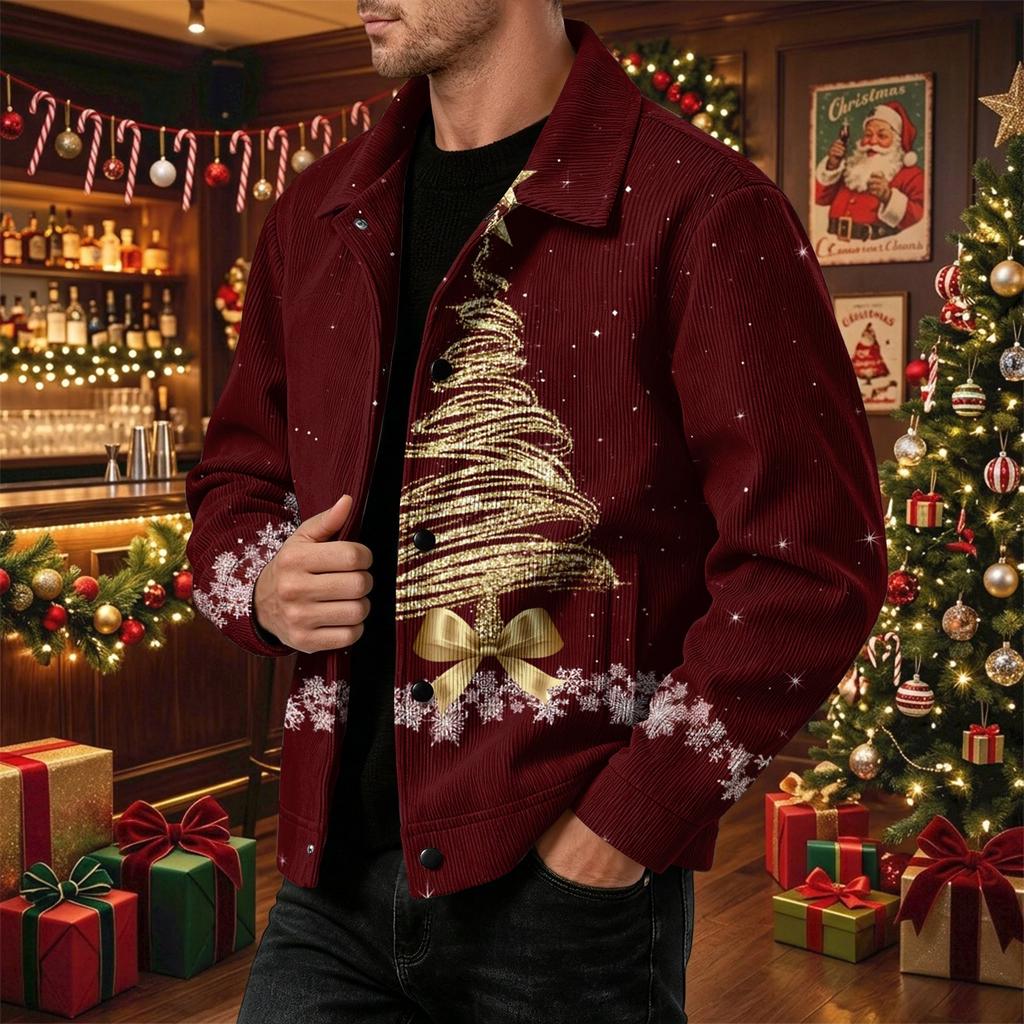 Men's Casual Loose Fit Long Sleeve Lapel Collar Jacket with Christmas Print for Fall