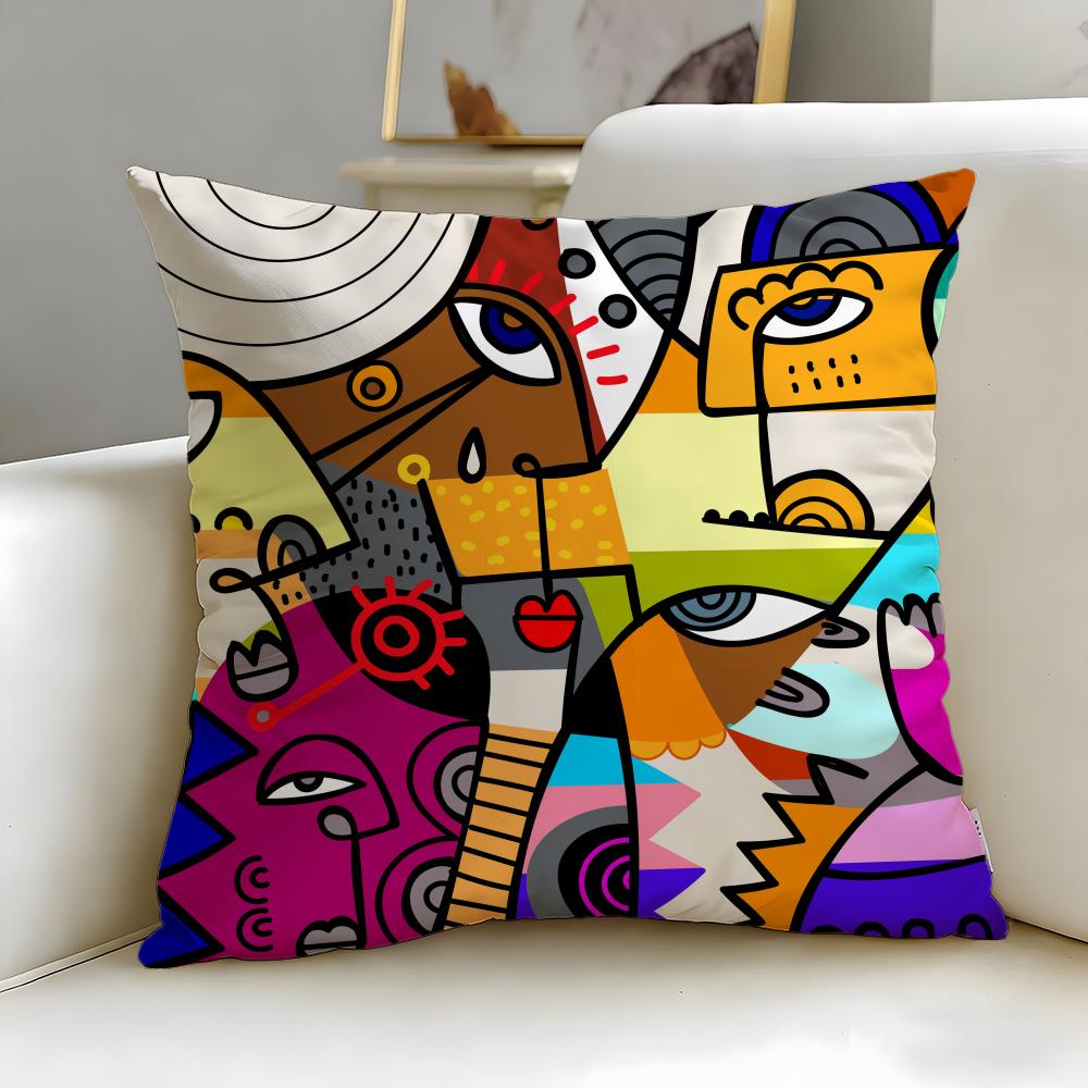 art theme Colorful Abstract Faces Cushion Cover Soft  EasyWash Pillow Case  Versatile for Couch Bed Travel and Office