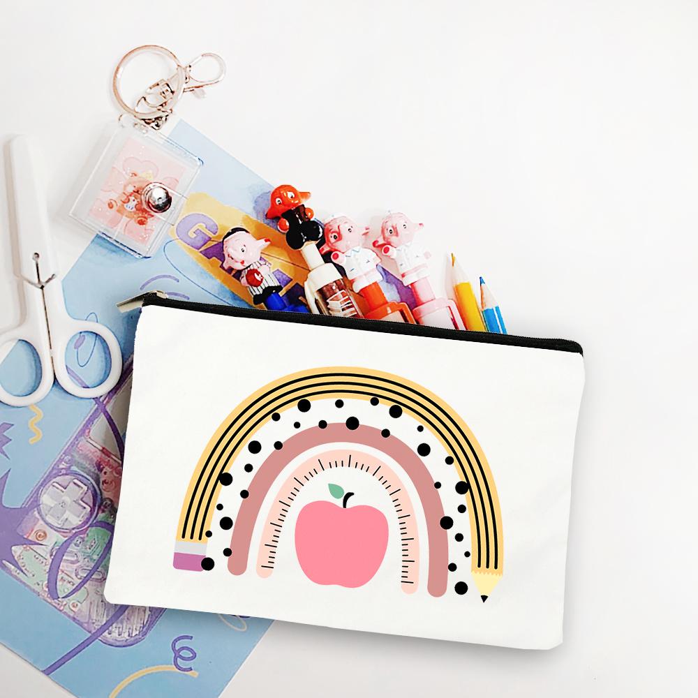 Blessed Teacher Life Leopard Makeup Bags Student White Pencil Pouch Teacher Shopping Handbag Storage Bag Teachers' Day Best Gift