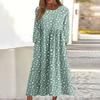 Women's Casual Round Neck Floral Print Midi Dress Long Sleeve Pocket Dress