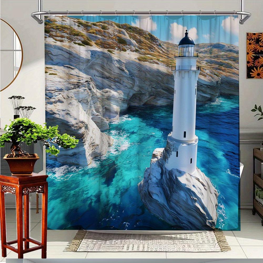 

1pc Coastal Lighthouse Shower Curtain - Vibrant Ocean Scene with Rocky Cliffs & Turquoise Waters, Durable Polyester Fabric, 90x180cm