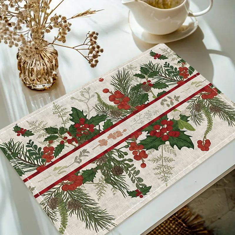 Christmas Linen Placemat Table Coffee Mat Poinsettia Pine Tree Snowflake Cone Merry Christmas Beige Red Green Elegant Decorative