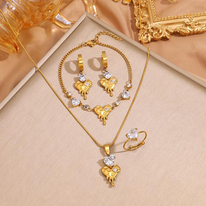 Titanium Steel Necklace, Bracelet, Earrings, Ring, Luxury-style Set with Sparkling Diamonds, Heart-shaped Design