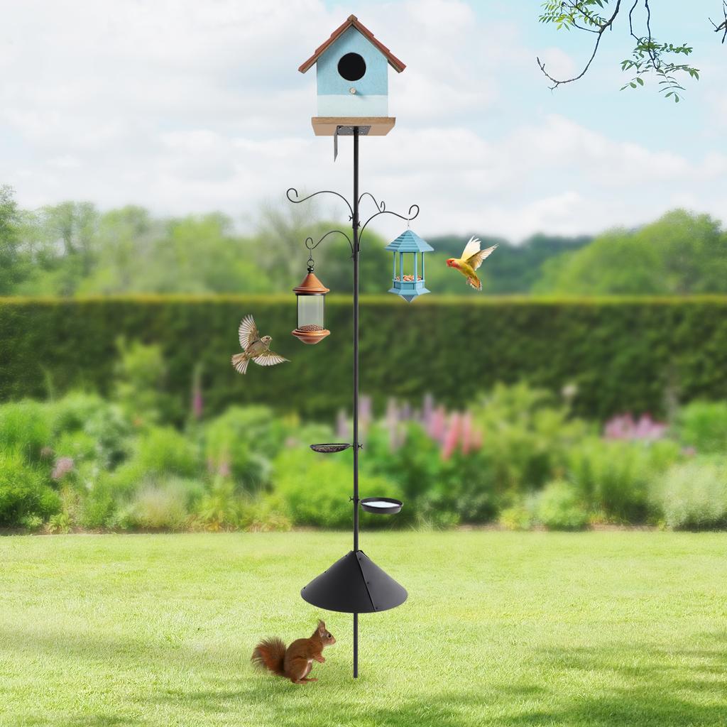 Bird Feeding Station Pole, 4 Hooks & 2 Removable Trays, Adjustable Height up to 76 Inches with Anti-Sway Base and Squirrel Guard