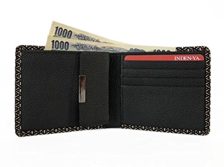 [Inden-ya] Inden Bifold Wallet 2003 Bill Compartment C Black Deerskin with White Lacquer Gourd Pattern
