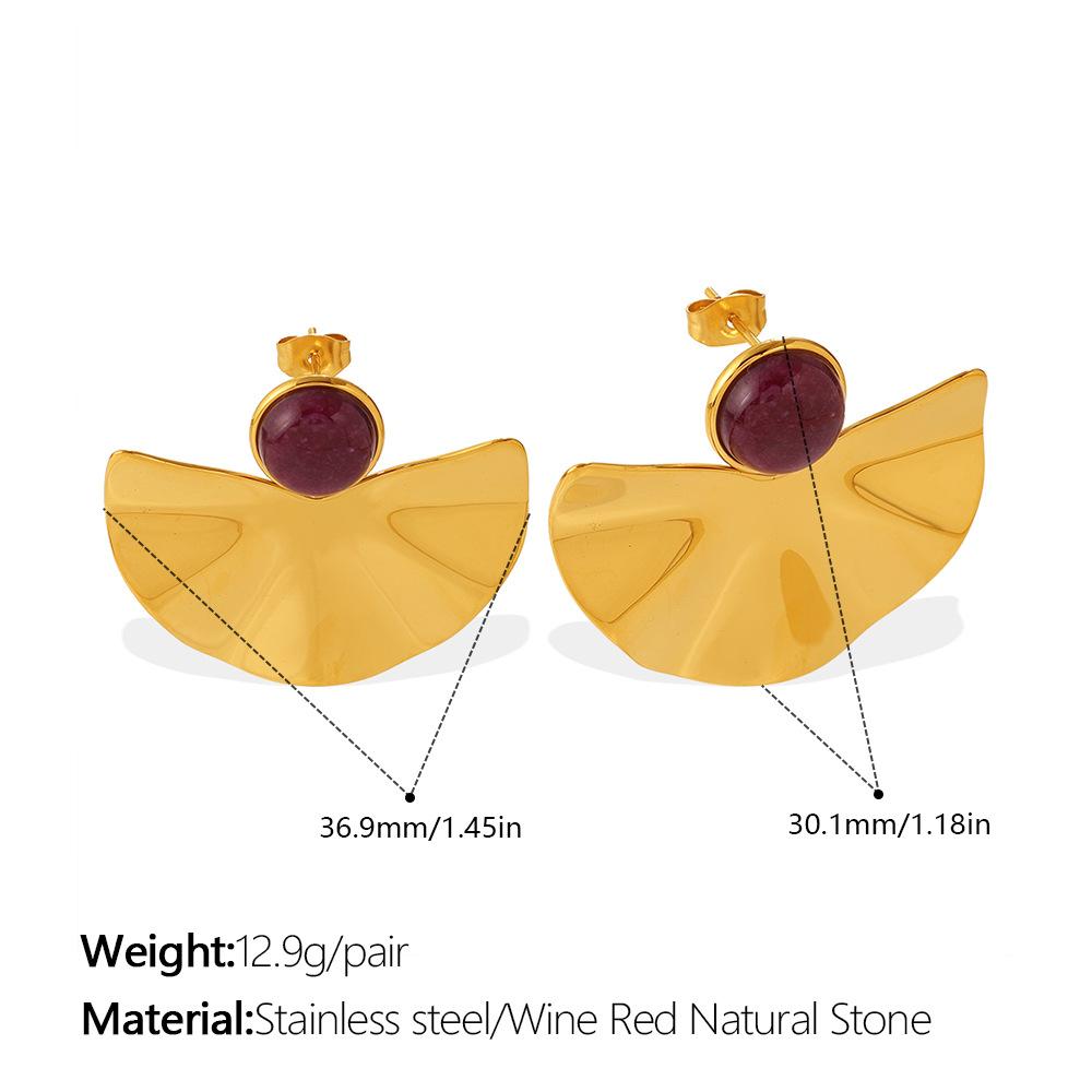 2026 European and American Retro Gold Fan-shaped Natural Stone Earrings Plated with 18K Gold Sun Pattern Niche Design Earrings