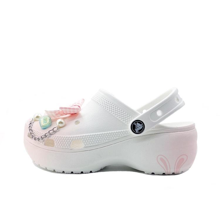 Crocs Classic Platform Clog EVA Pink Rabbit Rise Beach Travel Versatile Fashion Clogs for Men and Women White Pink
