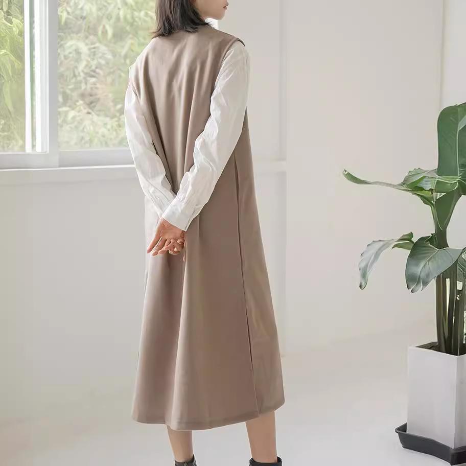Autumn and Winter Woolen Coat for Women V-neck Solid Color Sleeveless Vest Dress Exterior Style