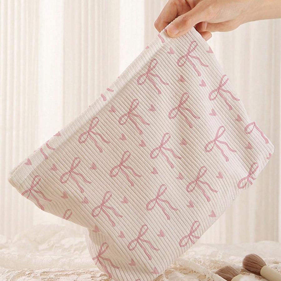 Minimally Designed Pink Bow Pattern Printed Corduroy Zipper Makeup Bag, Lightweight and Multifunctional Cosmetic Storage Bag