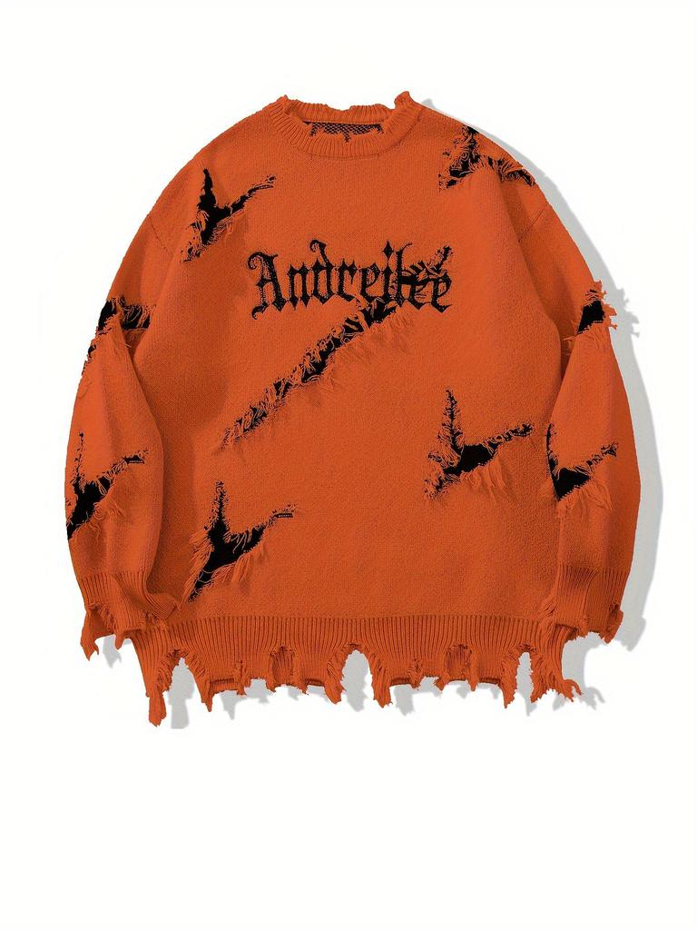 YWFG Men's Retro Letter Raw Edge Sweater - 2024 Autumn/Winter, Loose Fit, Versatile, Round Neck, Long-Sleeved Knit, Unisex.