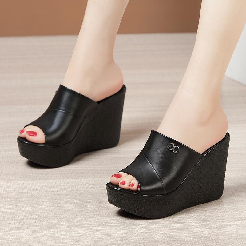 Women Wedges Slippers 2024 New Summer Open Toe Solid Color Shallow Sandals High Heels Platform Slippers Slides Women