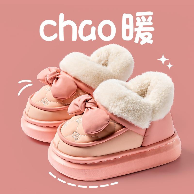 Autumn and winter children's bag heel cotton slippers girls princess bow warm velvet thickened toddler baby cotton shoes women