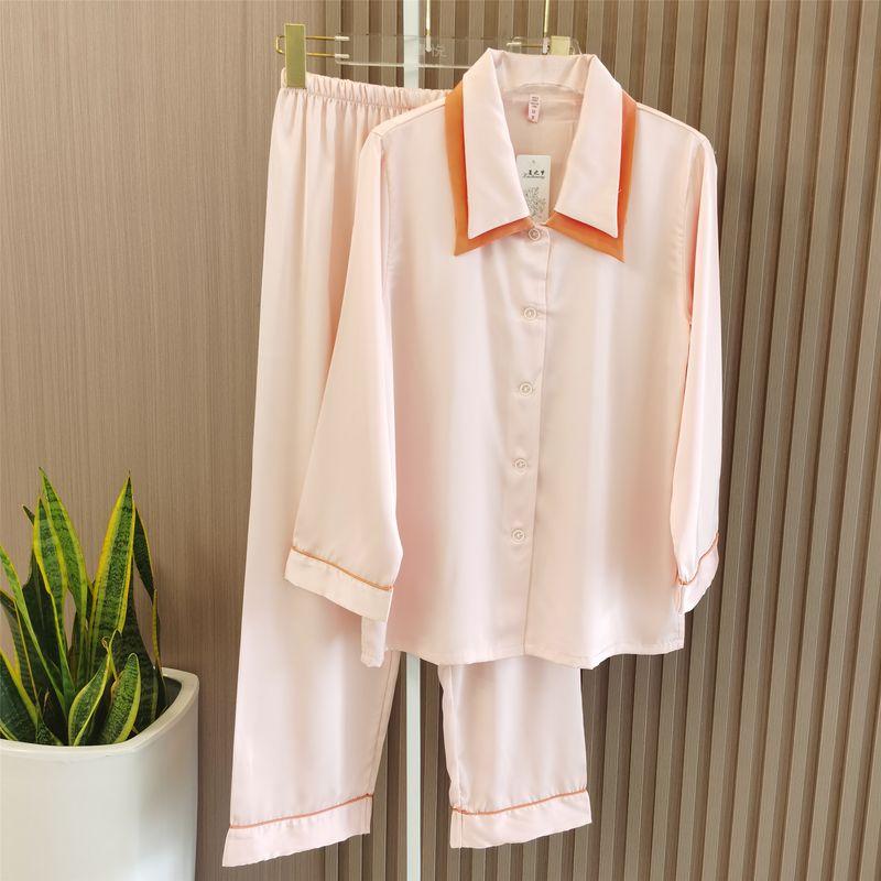 

New Arrival Silk Pajamas Women s Long Sleeve Summer Thin Two-Piece Suit Loose Fancy French Lapel Homewear Suit Pink L