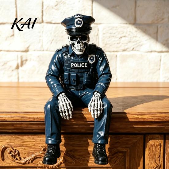 Gothic Theme Accessories Halloween Skeleton Ornament, Policeman/Military Resin Skull Figurine, Spooky Bookshelf Decorations Dark Style Sitting