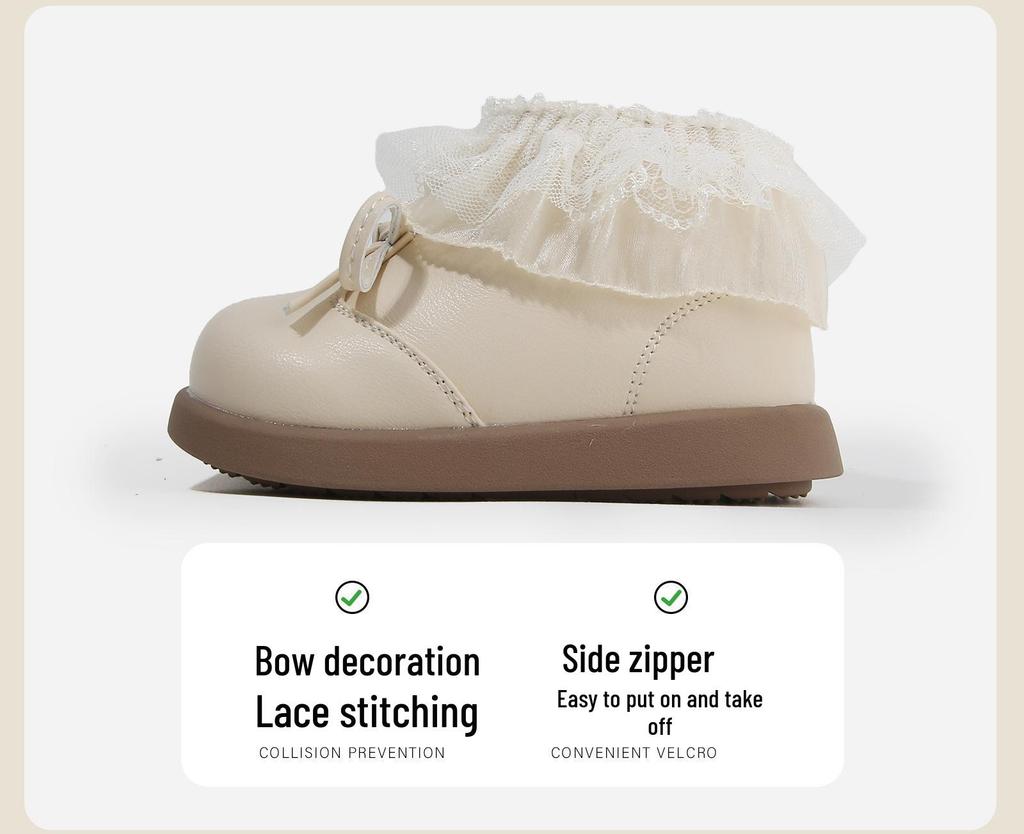 Girls' Autumn-Winter Princess Boots - Cotton-Lined Leather Toddler Shoes with Lace and Velvet Accents