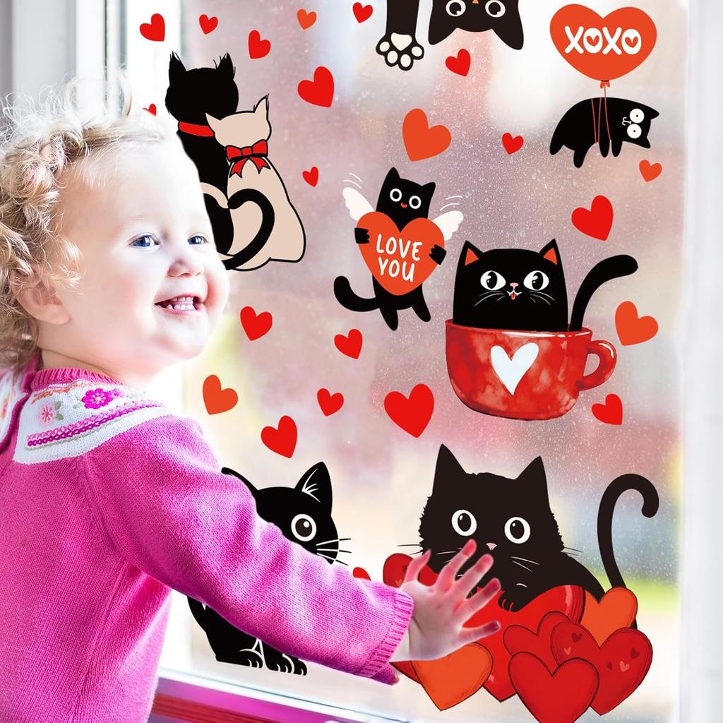 Whaline 6 Sheets Valentine' s Day Window Clings Window Decal Black Cat Red Love Heart Reble Anti-Collision Windows Decor for Wedding Anniversary Home