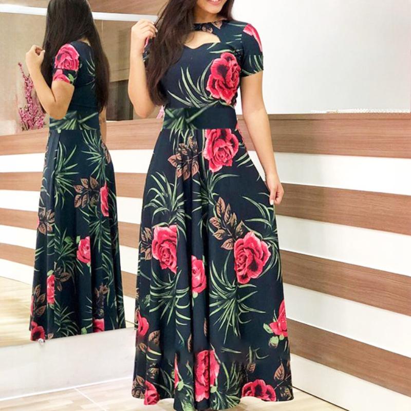 GMXIA Böhmisches Kleid mit Blumenmuster, kurzen Ärmeln, für Damen, Herbst/Winter, lange Kleider, Rundhalsausschnitt, großer Schwung