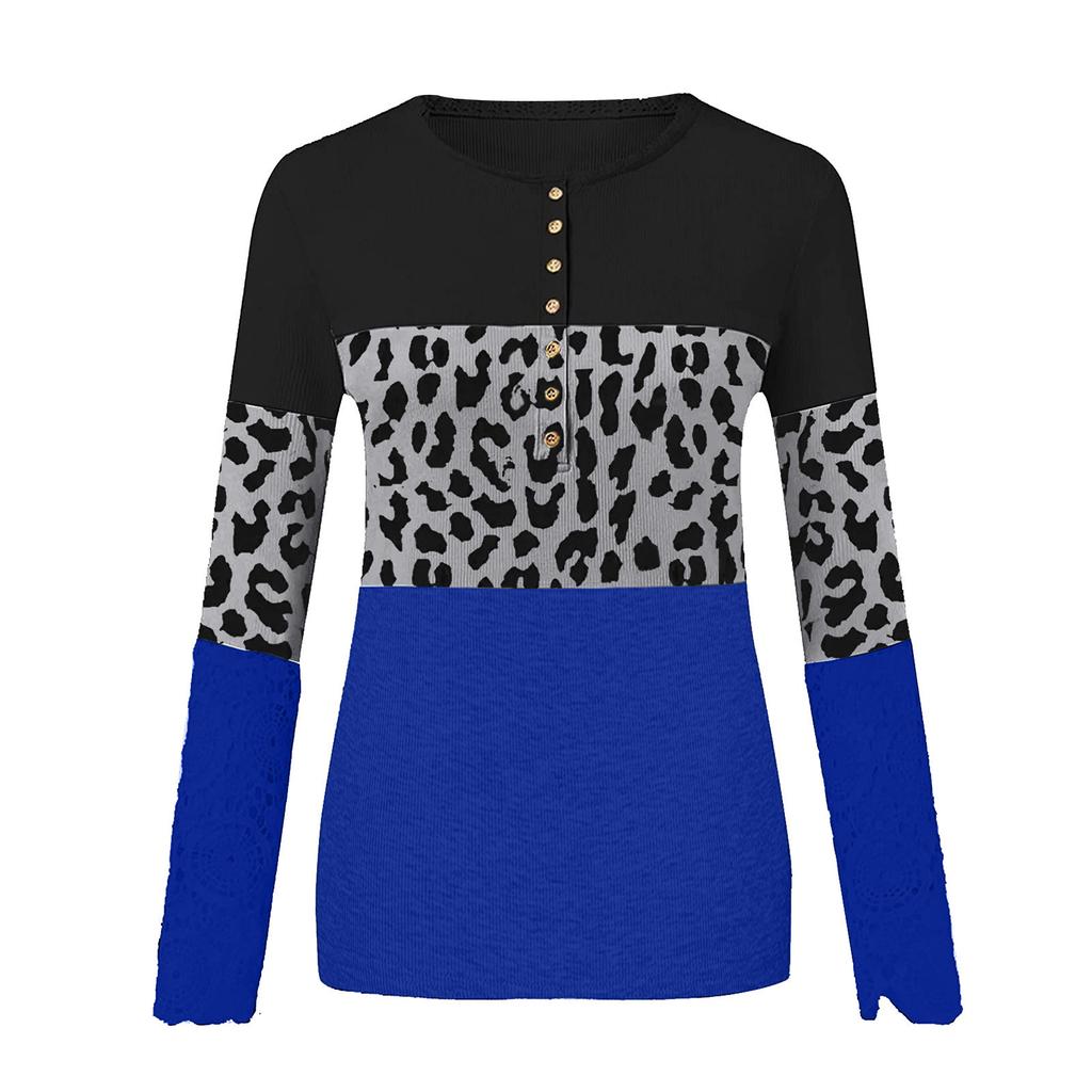 Women Fashion Patchwork Printing Lace Long Sleeve Casual Button Pullover Sweatshirt Top