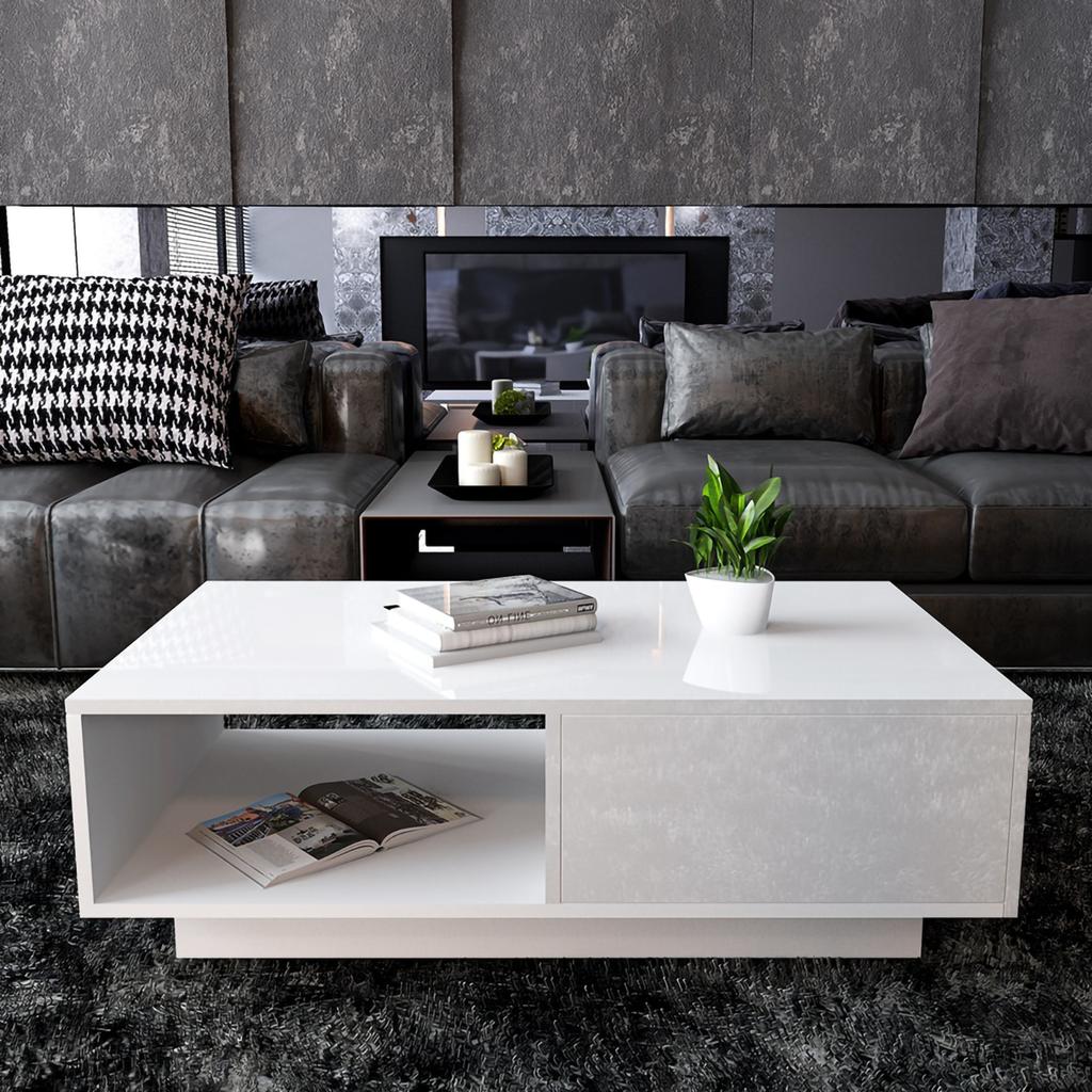 Modern Rectangular Coffee Table Tea Table Storage Living Room(White)