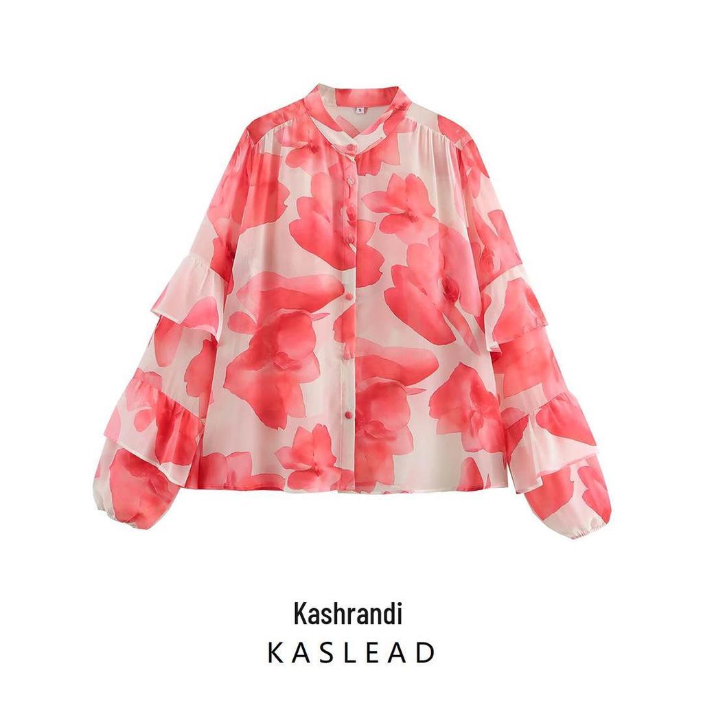 2025 Spring Women's European & American Style Chiffon Layered Sleeve Shirt