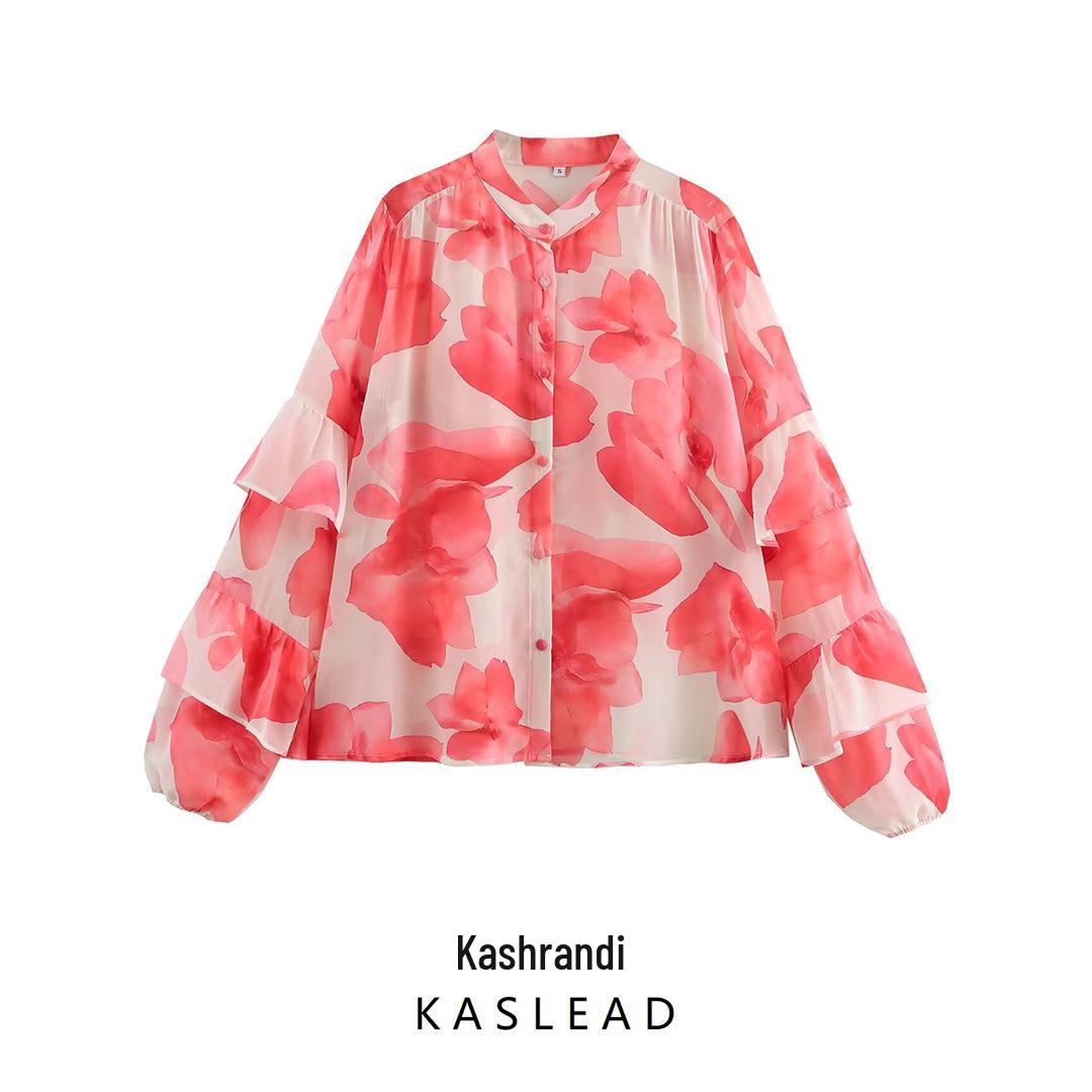 

2025 Spring Women s European & American Style Chiffon Layered Sleeve Shirt S красный