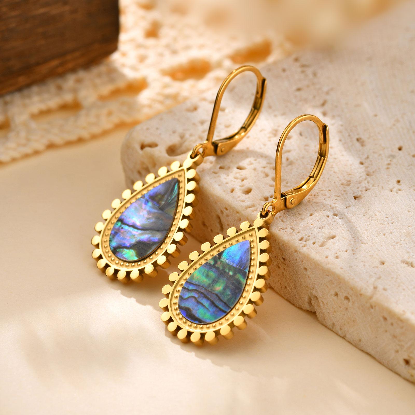 

Unique Water Drop Abalone Shell Earrings,Women s 18K Gold Plated Stainless Steel Hoop Earrings,Trendy Party Jewelry Gift