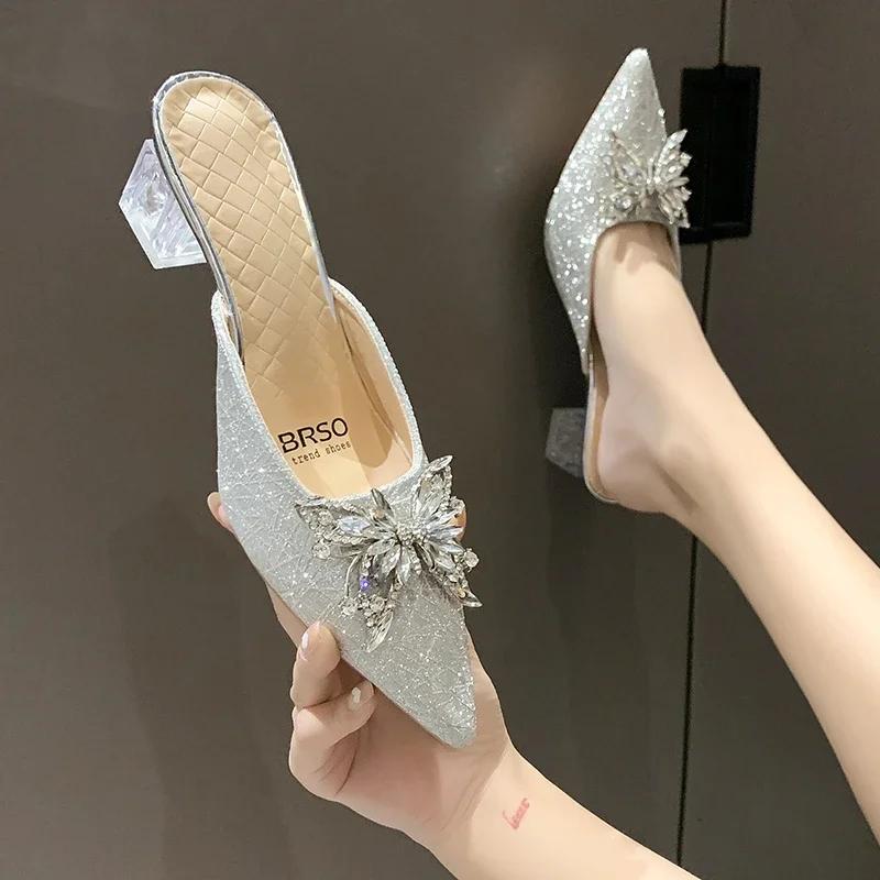 Fashion Women's Luxury Closed Toe Slip on Slipper Mules 2025 Summer Designer Brand Pointed Toe Bow Knot High Heels Shoes Sandals Slides