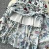 French Vintage Print Lapel Dress Women's Short Sleeve Floral Print High Waist Belt Office Lady Maxi Clothing Female