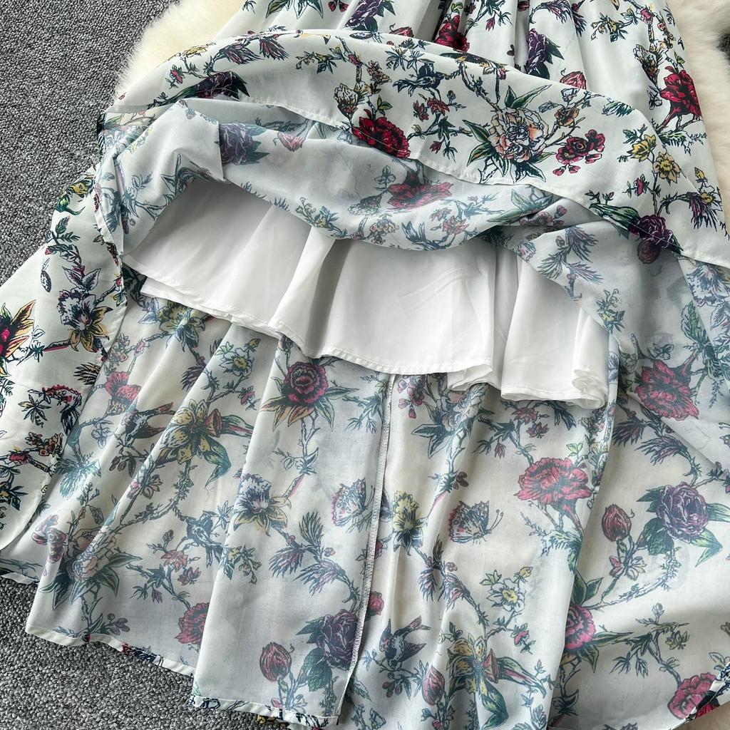 French Vintage Print Lapel Dress Women's Short Sleeve Floral Print High Waist Belt Office Lady Maxi Clothing Female