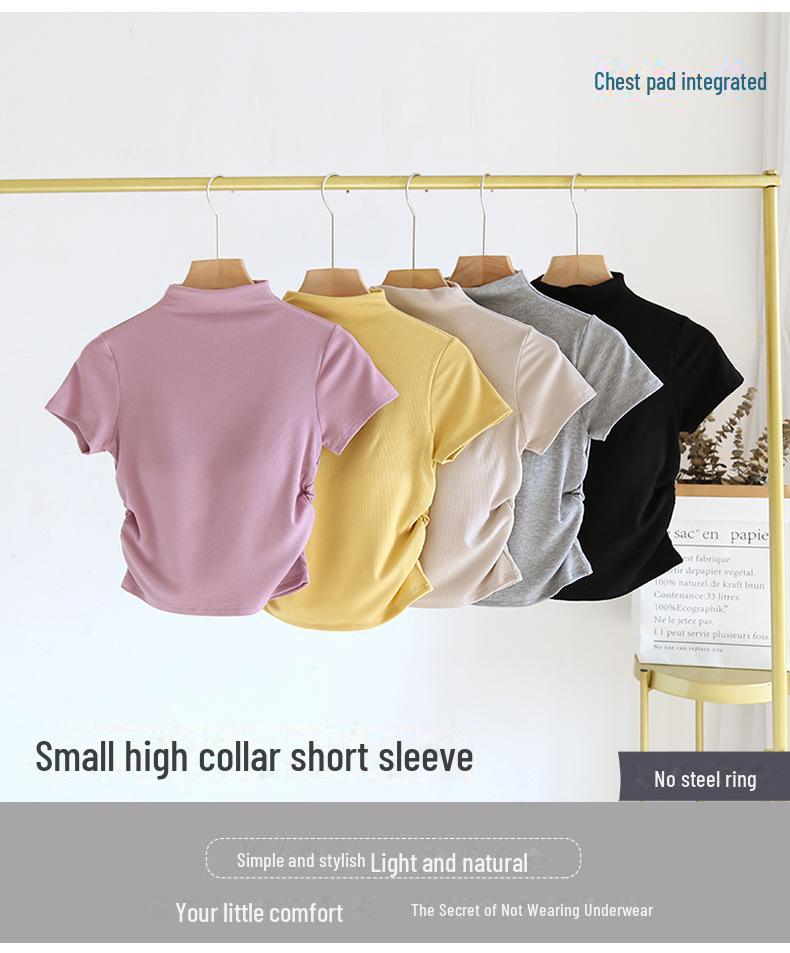 Women's Slim High Collar Short Sleeve T-Shirt with Chest Pads